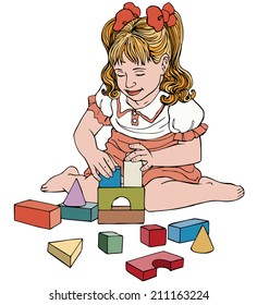 Vector illustration, kid with cubes, cartoon concept, white background.