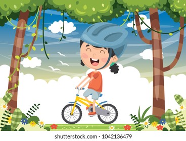 Vector Illustration Of Kid Cycling