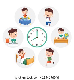 Vector Illustration Of Kid Daily Routine Activities