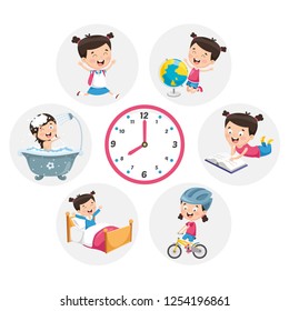 Vector Illustration Of Kid Daily Routine Activities