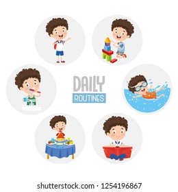 Vector Illustration Of Kid Daily Routine Activities