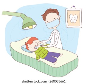 Una ilustración vectorial de un niño en la oficina del dentista