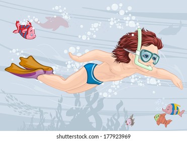 Vector illustration, kid diving, card concept.