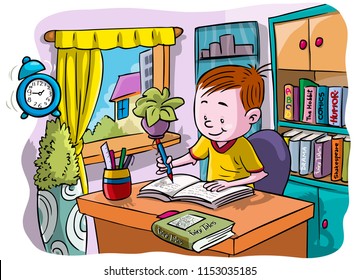 Vector illustration, kid doing homework, cartoon concept.