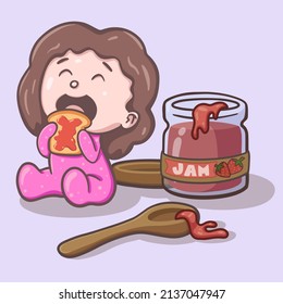 Vector illustration of kid eating bread and strawberry jam. Baby girl in pink pajamas having breakfast.