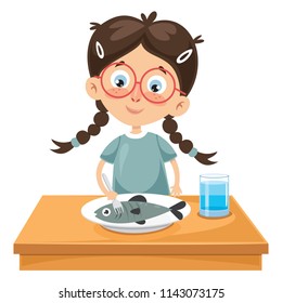 Vector Illustration Of Kid Eating Fish