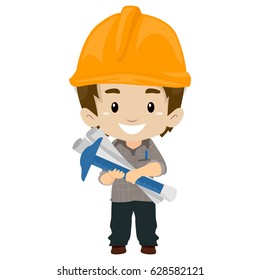 Vector Illustration Of An Kid Engineer Holding Tools