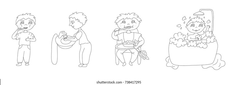 Vector illustration of kid everyday routine. Child daily regime. Outline stroke illustration.