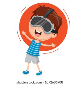 Vector Illustration Of Kid Experiencing Virtual Reality Glasses
