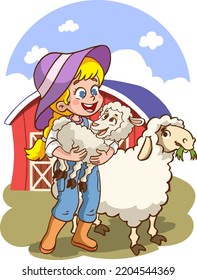 Vector Illustration Of Kid Farmer and Lamb,sheep