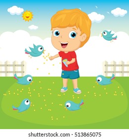 Vector Illustration Of A Kid Feeding Birds