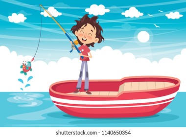 Vector Illustration Of A Kid Fishing