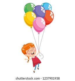 Vector Illustration Of Kid Flying With Balloons