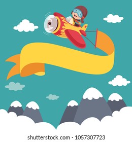 Vector Illustration Of Kid Flying Plane With Banner
