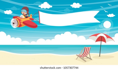 Vector Illustration Of Kid Flying Plane With Banner