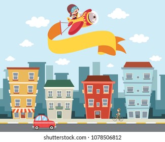 Vector Illustration Of Kid Flying Plane