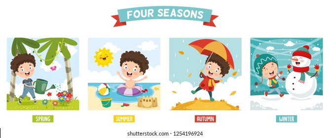 Vector Illustration Of Kid And Four Seasons