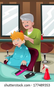 A vector illustration of kid getting a haircut at a barber shop