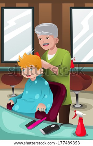 A vector illustration of kid getting a haircut at a barber shop