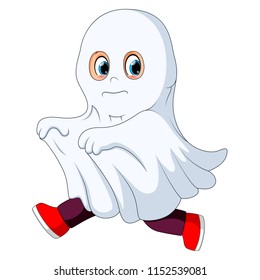 vector illustration of kid in a ghost costume running