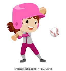 Ilustración vectorial de una niña jugador de béisbol golpea una pelota