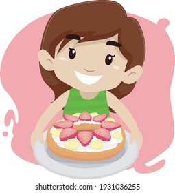 Vector Illustration of a Kid Girl Holding a Plate of Strawberry Bagel
