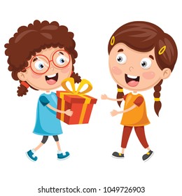 Vector Illustration Of Kid Giving Gift To Friend