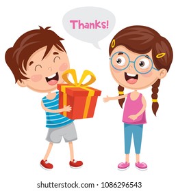 Vector Illustration Of Kid Giving Gift To His Friend