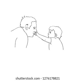 Vector illustration of a kid grabbed a man by the nose, dad and son play, linear design