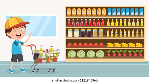 Vector Illustration Of Kid Grocery