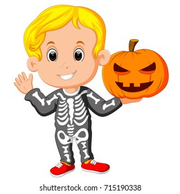 Vector illustration of Kid with Halloween Skeleton Costume