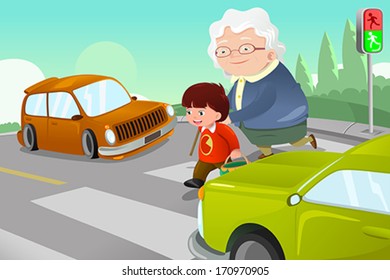 A Vector Illustration Of Kid Helping Senior Lady Crossing The Street