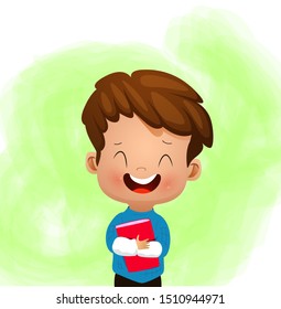 Vector illustration of kid holding book and dreams. Cartoon illustration