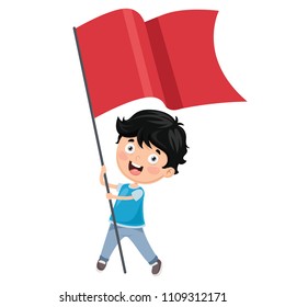 Vector Illustration Of Kid Holding Flag