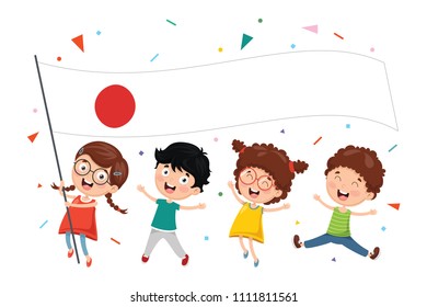 Vector Illustration Of Kid Holding Japan Flag
