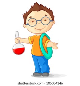 vector illustration of kid holding laboratory flask