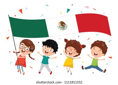 Vector Illustration Of Kid Holding MexicoFlag