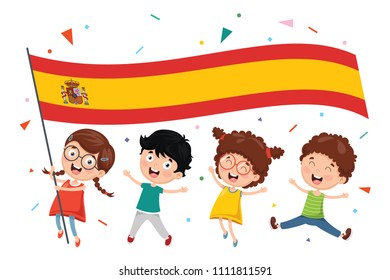 Vector Illustration Of Kid Holding Spain Flag