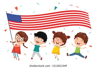 Vector Illustration Of Kid Holding Usa Flag