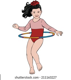Vector illustration, kid with hula hoop, cartoon concept, white background.
