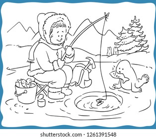 Vector Illustration, Kid Ice Fishing, Coloring Drawing, Cartoon Concept.