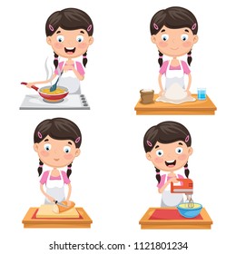 Vector Illustration Of Kid At Kitchen