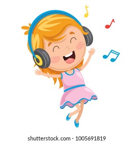 Vector Illustration Of Kid Listening Music