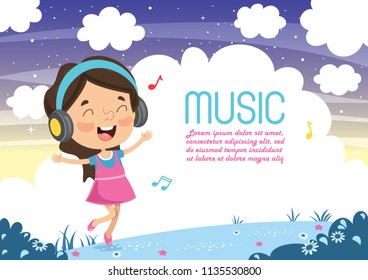 Vector Illustration Of Kid Listening Music	