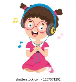 Vector Illustration Of Kid Listening Music