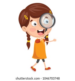 Vector Illustration Of Kid Looking With Magnifier