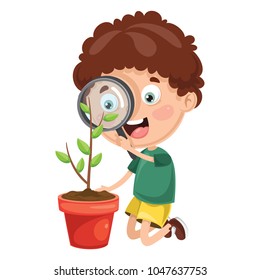 Vector Illustration Of Kid With Magnifier