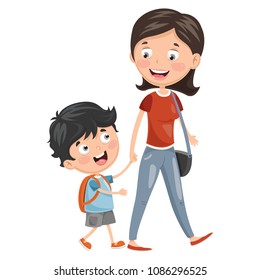 Vector Illustration Of Kid With Mother