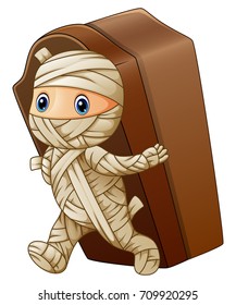 Vector illustration of Kid in a mummy costume with coffin