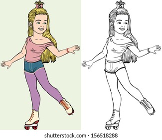 Vector illustration, kid on roller skates, coloring drawing, cartoon concept.